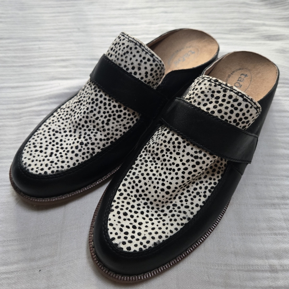 Women's EUC Taos Royal Flat Mules Black/Tan Animal Print, Leather Upper, Sz 8
